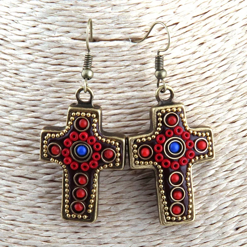 Boho Earrings, RH Dangle Earrings, Red & Blue Metal Cross