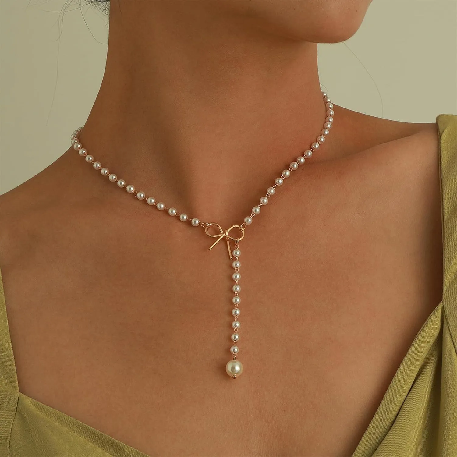 Bow Necklace Gold Pearl Necklace Cute Pearl Beaded Choker Necklace Pearl Y Lariat Necklace Rhinestone Heart Pendant Necklace Dainty Bow Jewelry Gifts