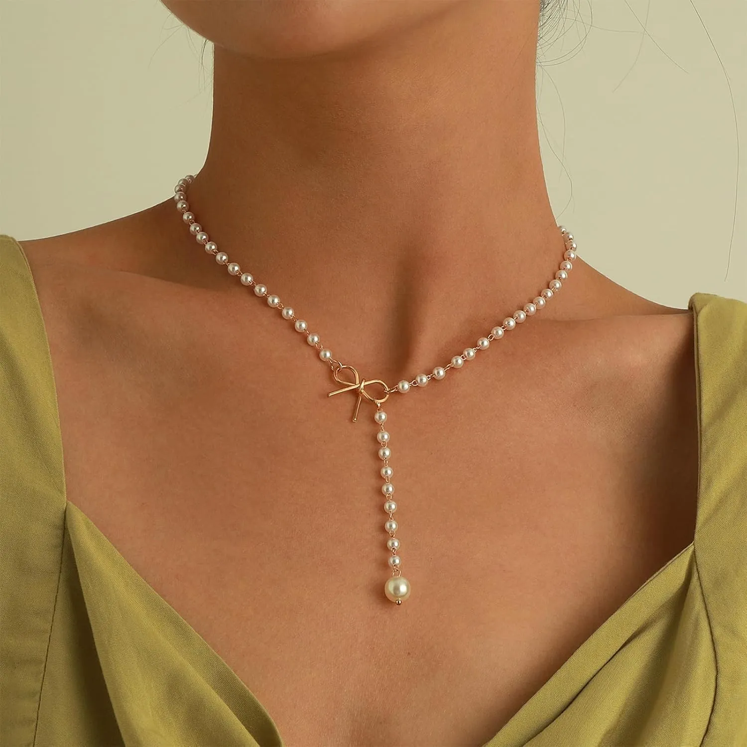 Bow Necklace Gold Pearl Necklace Cute Pearl Beaded Choker Necklace Pearl Y Lariat Necklace Rhinestone Heart Pendant Necklace Dainty Bow Jewelry Gifts