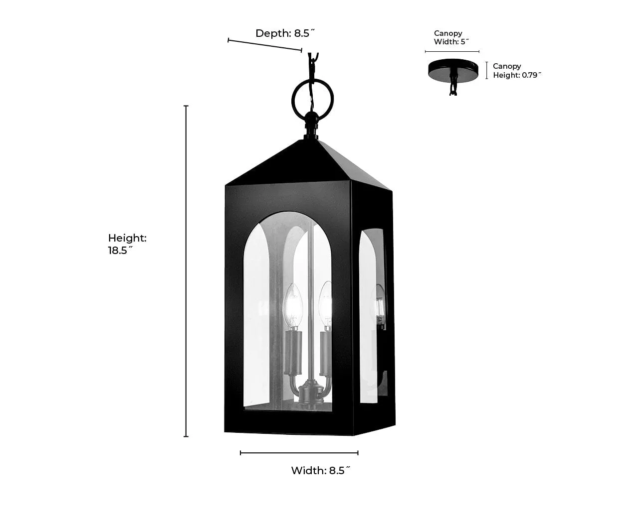 Bratton Outdoor Hanging Lantern - Powder Coated Black - Clear Glass - 8.5in. Diameter - E12 Candelabra Base