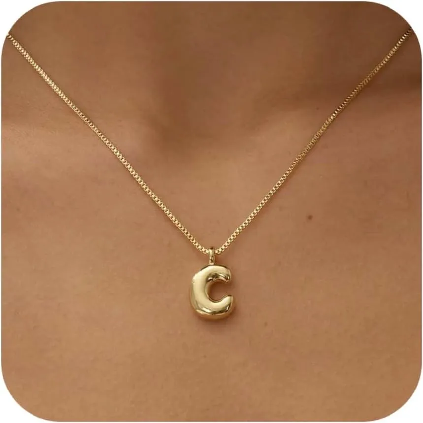 Bubble Gold Silver Letter Necklace Initial Necklaces for Women Trendy 14K Dainty Charm Pendant Name Necklace Personalized Jewelry Gift for Women Teen