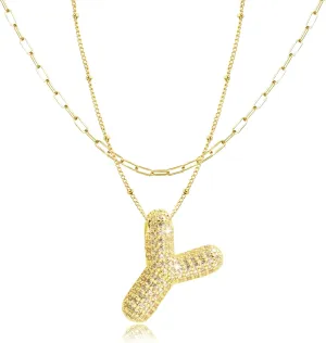 Bubble Letter Gold Necklace, 14K Gold Plated, Initial Necklace for Women, Dainty Layered Birthdays Gift for Women