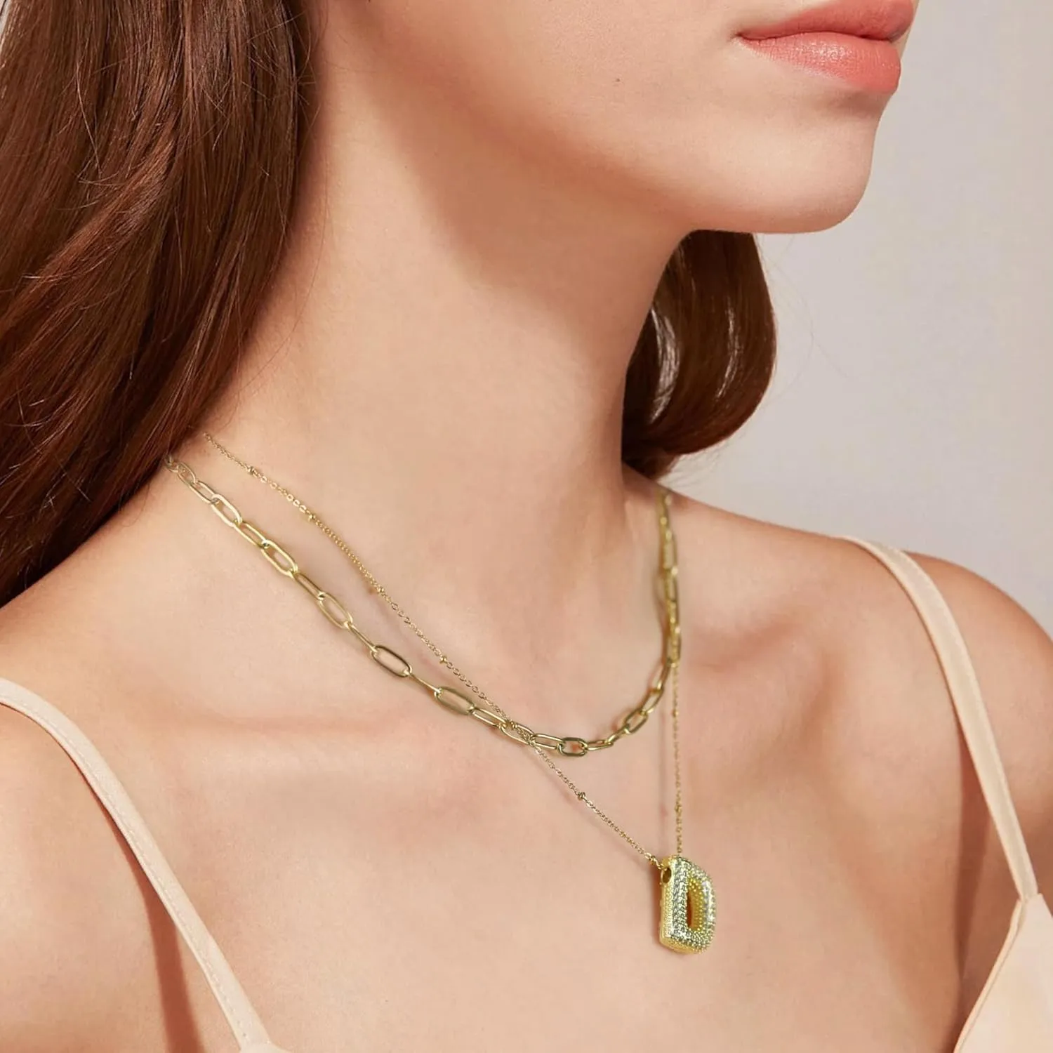 Bubble Letter Gold Necklace, 14K Gold Plated, Initial Necklace for Women, Dainty Layered Birthdays Gift for Women