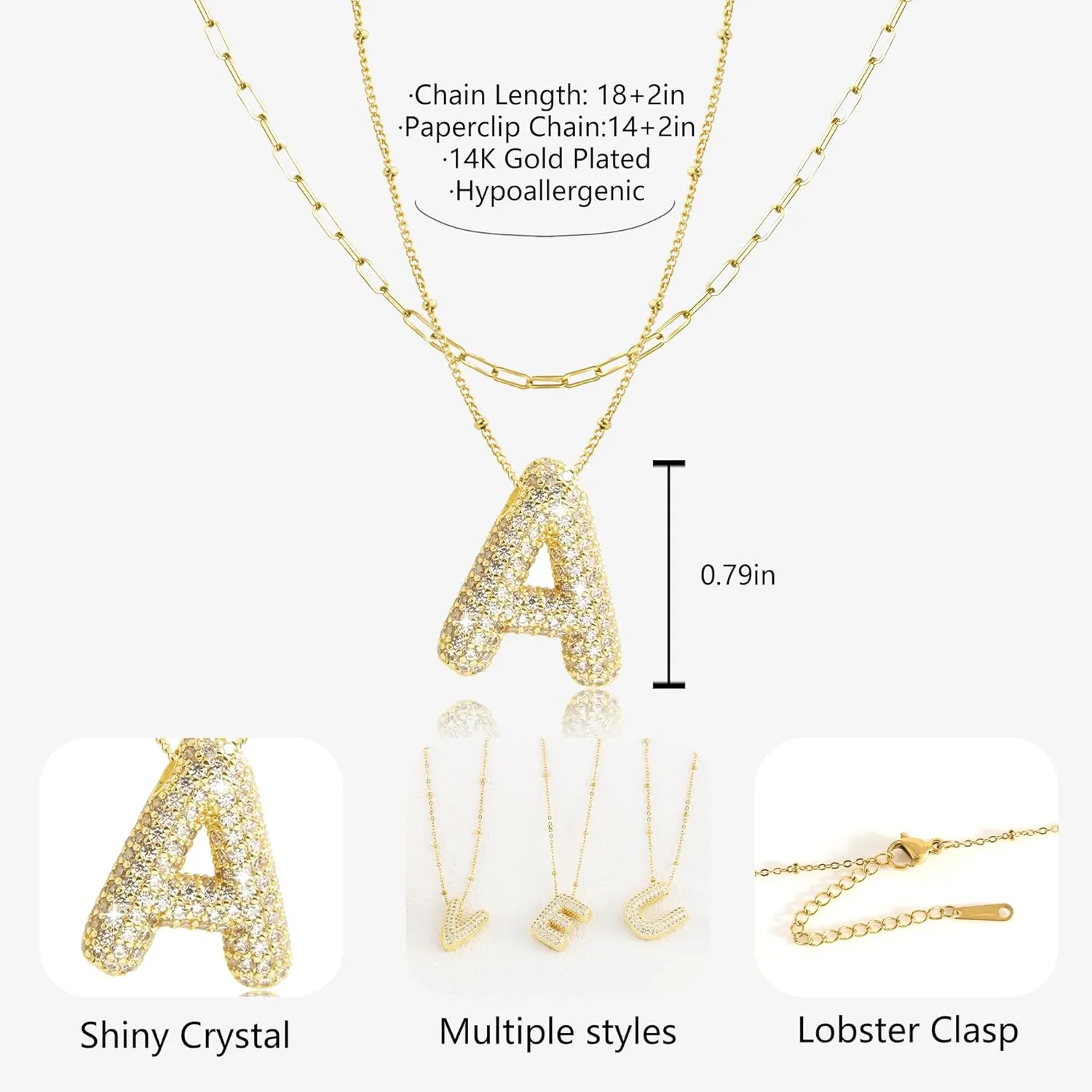 Bubble Letter Gold Necklace, 14K Gold Plated, Initial Necklace for Women, Dainty Layered Birthdays Gift for Women