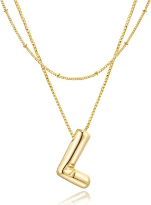 Bubble Letter Necklace, 18K Gold Plated Layered Balloon A-Z Initial Necklace for Women, Chunky Letter Pendant Necklace Dainty Jewelry Gift