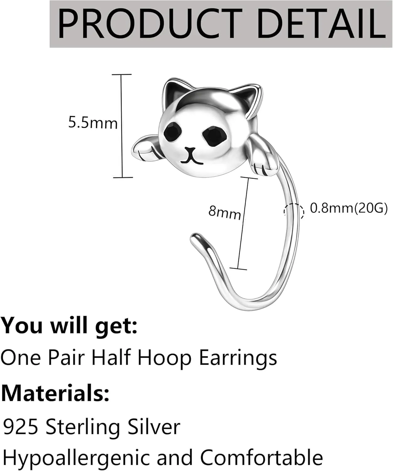 Cat Half Hoop Earrings for Women 925 Sterling Silver Comfy C Hoops for Cartilage Comfortable Earring to Sleep In Hypoallergenic Open Huggies
