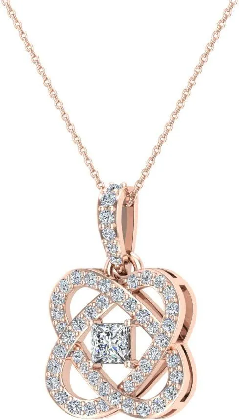 Center Princess cut 14K Gold Diamond Pendant necklace for women w/gold chain 0.60 ct t.w.