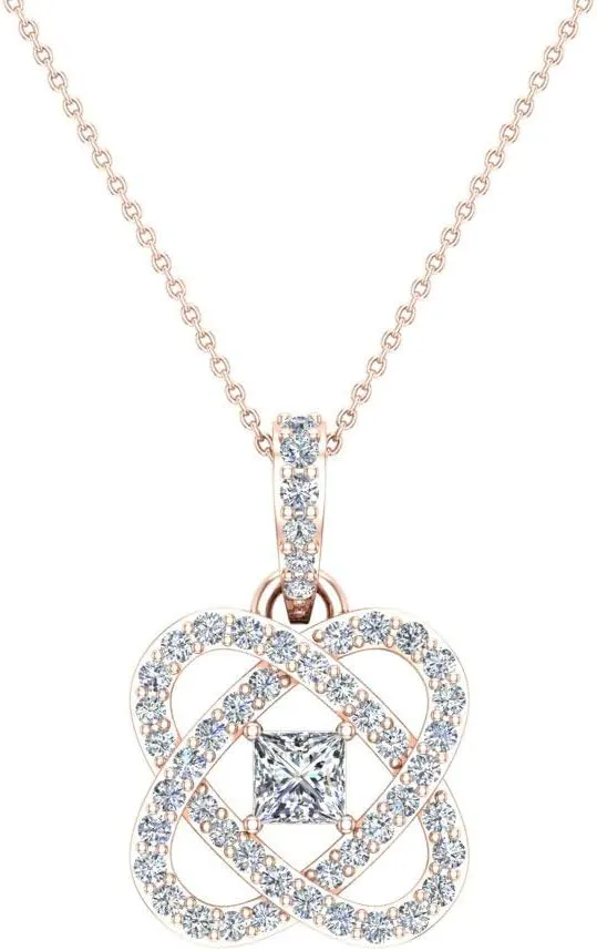 Center Princess cut 18K Gold Diamond Pendant necklace for women w/gold chain 0.60 ct t.w. (G, VS)