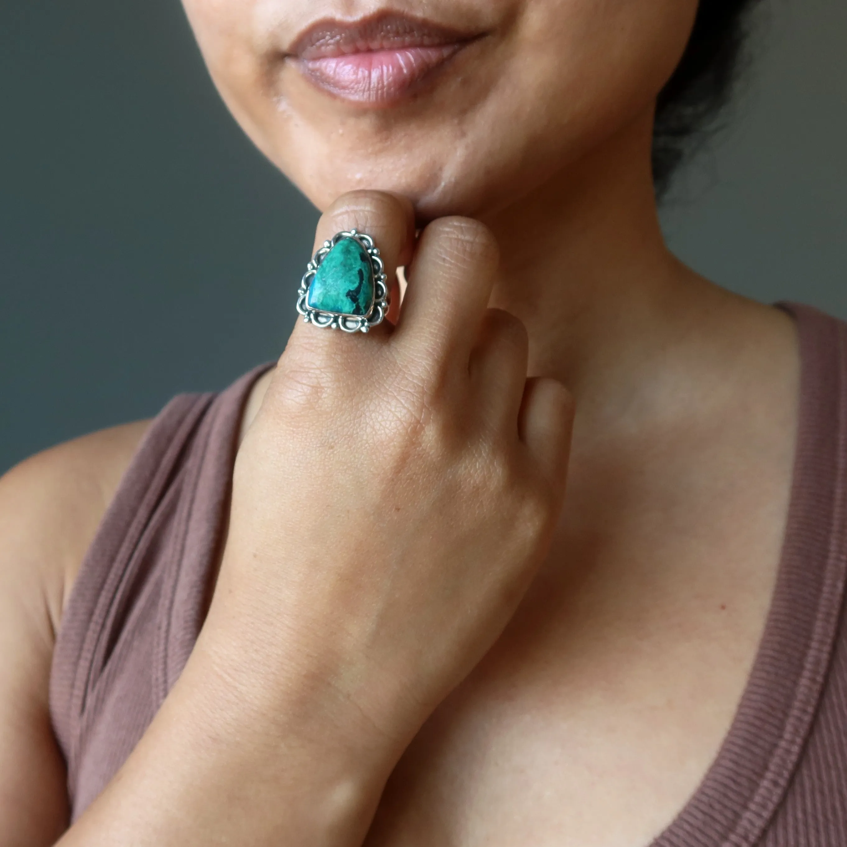 Chrysocolla Ring Refined Art Sterling Silver Size 6.0