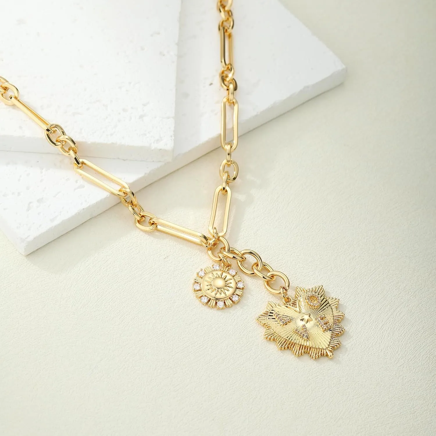 Chunky Gold Charm Necklace for Women,18K Gold Plated Charm Necklace with Heart, Sun, Moon, Evil Eye, Paper Clip Pendant,Boho Chic Lucky Necklace for Women