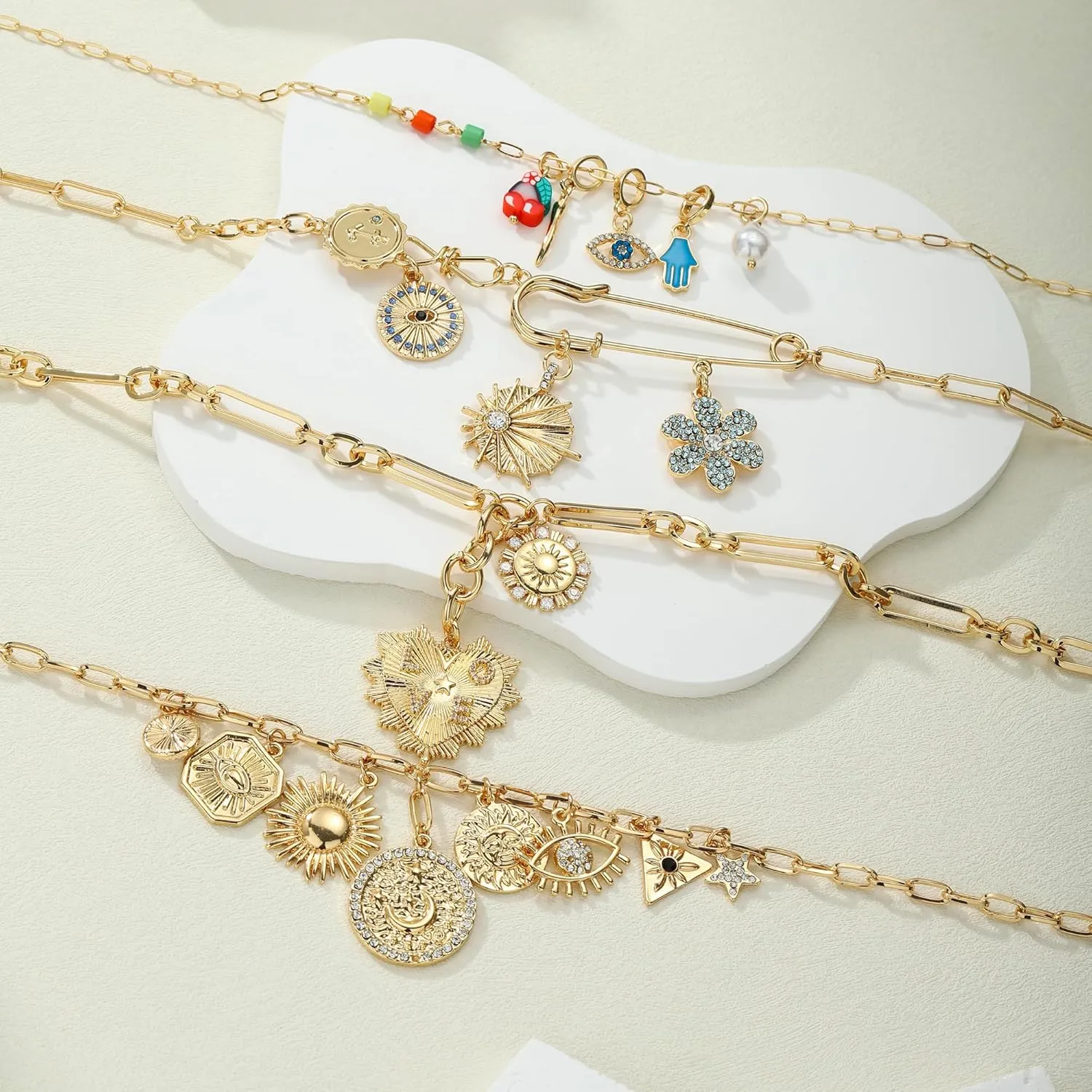Chunky Gold Charm Necklace for Women,18K Gold Plated Charm Necklace with Heart, Sun, Moon, Evil Eye, Paper Clip Pendant,Boho Chic Lucky Necklace for Women