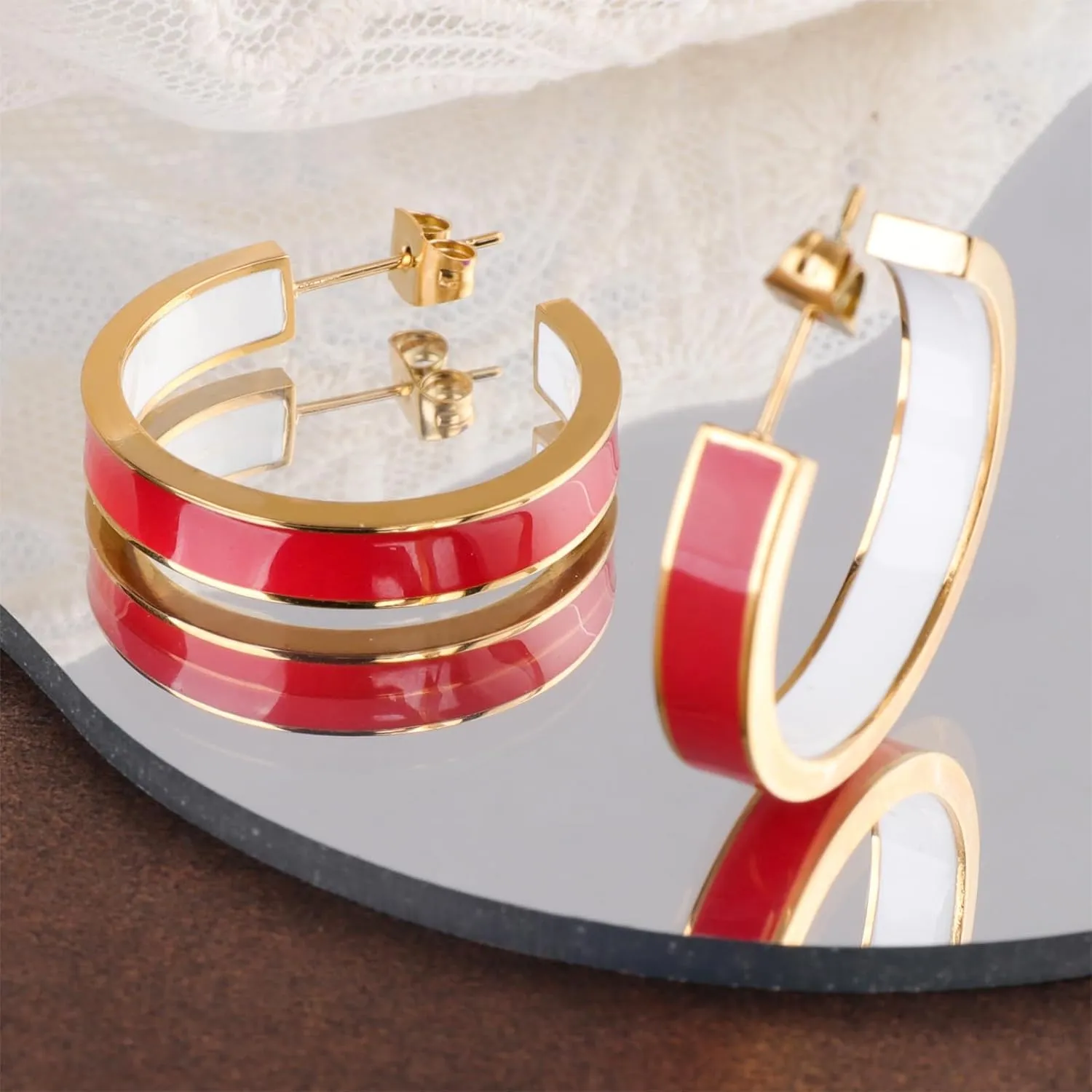 Chunky Gold Earrings for Women C Shaped Round Hoop Earrings 18K Gold Plated Stainless Steel Enamel Earrings Jewelry Gift