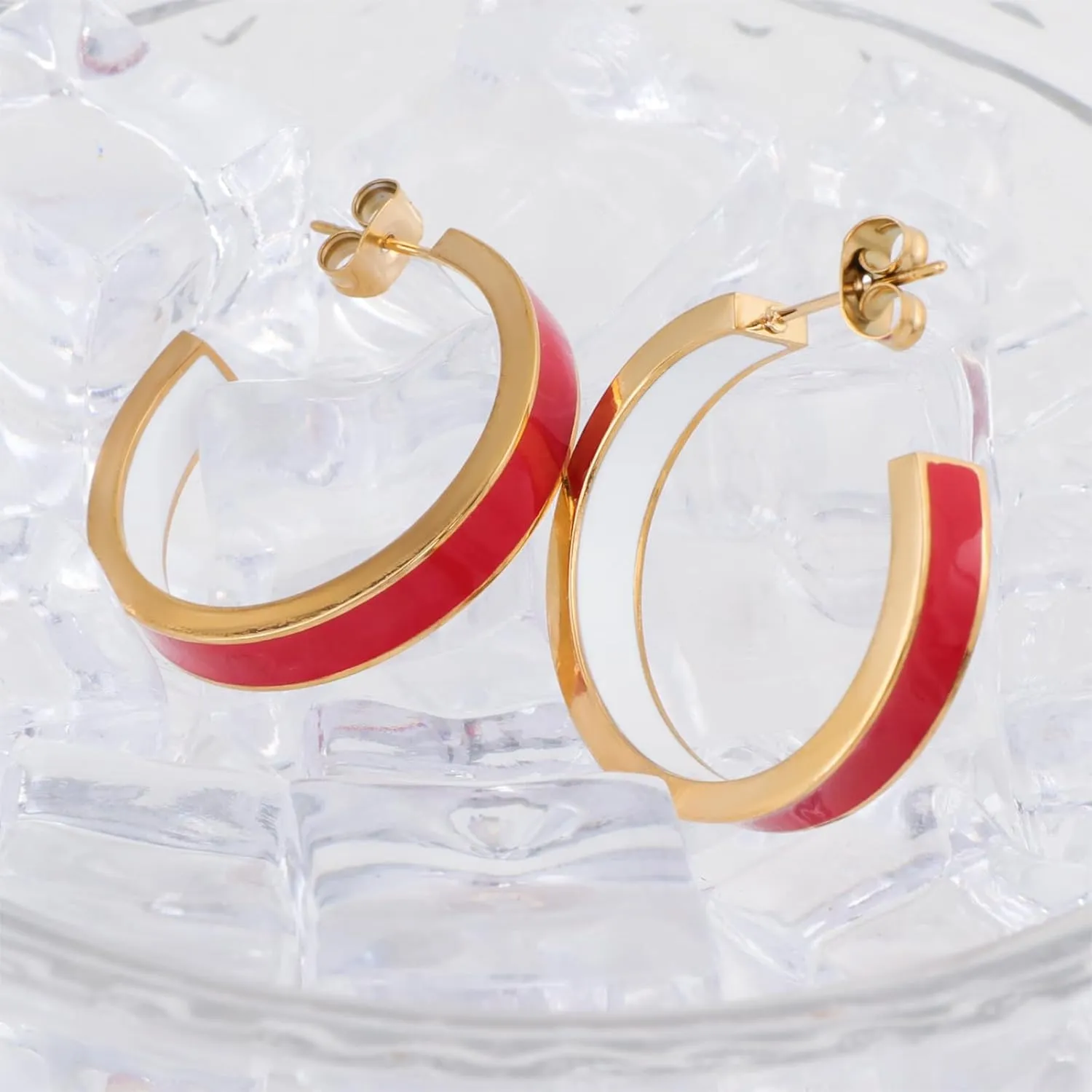 Chunky Gold Earrings for Women C Shaped Round Hoop Earrings 18K Gold Plated Stainless Steel Enamel Earrings Jewelry Gift