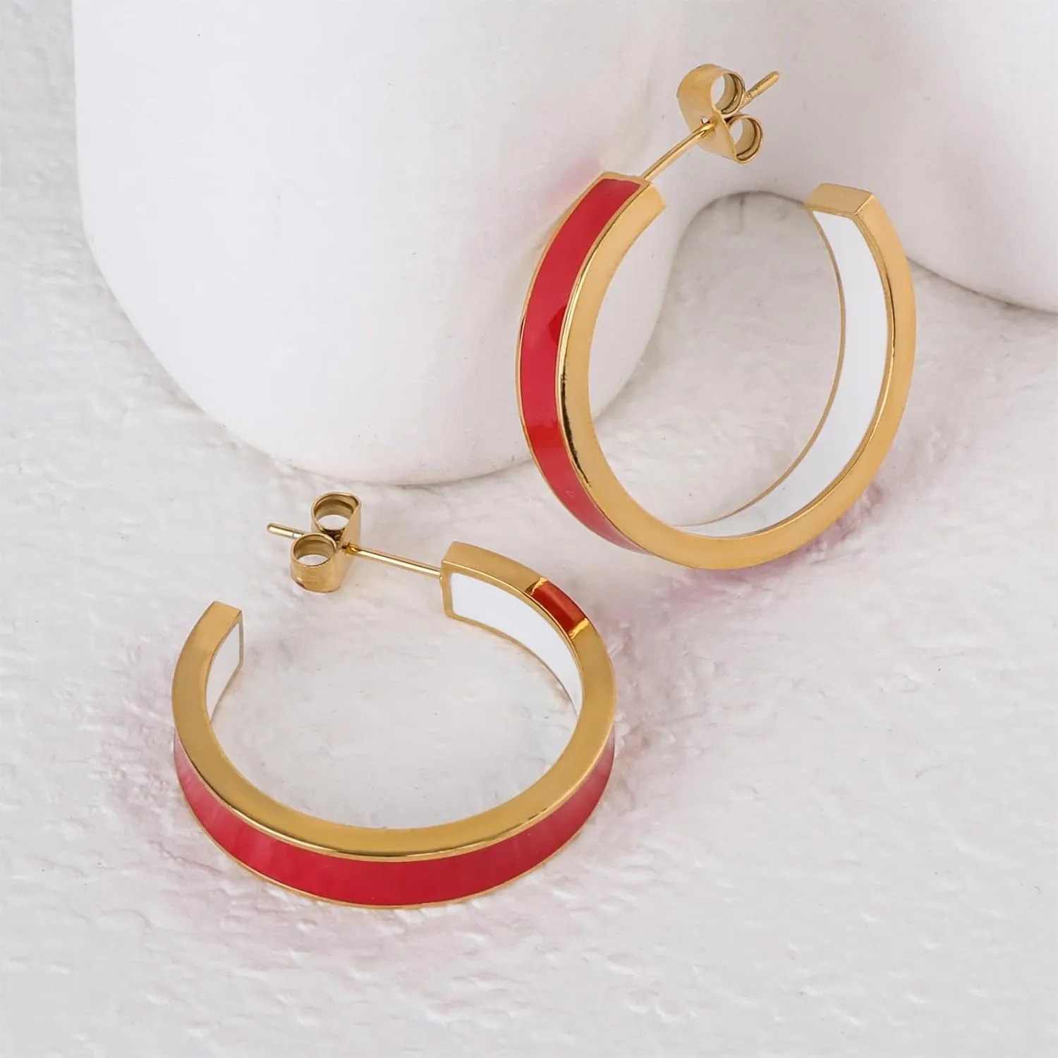 Chunky Gold Earrings for Women C Shaped Round Hoop Earrings 18K Gold Plated Stainless Steel Enamel Earrings Jewelry Gift