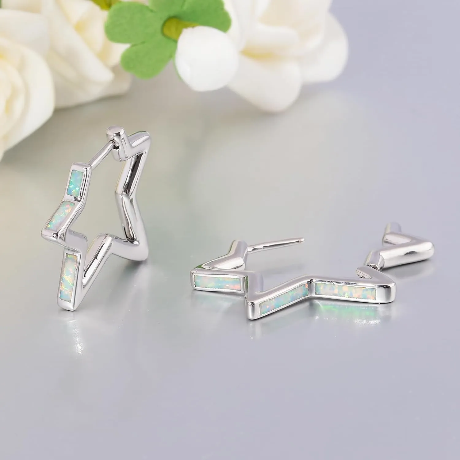 CiNily Opal Star Earrings for Women Small Hoop Earrings 14k White/Rose/Yellow Gold Plated Cute Star Huggie Earrings Hypoallergenic Tragus Hoops Christmas Birthday Jewelry Gifts