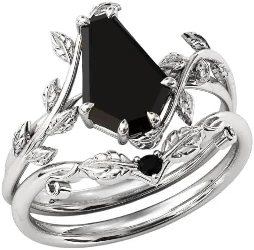Coffin Shape Black Onyx Natural Gemstone Ring, Unique 2pcs Bridal 925 Sterling Silver Ring For Her