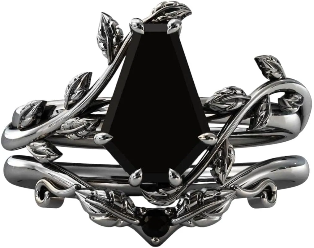 Coffin Shape Black Onyx Natural Gemstone Ring, Unique 2pcs Bridal 925 Sterling Silver Ring For Her