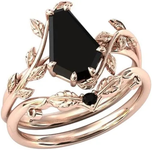 Coffin Shape Black Onyx Natural Gemstone Ring, Unique 2pcs Bridal 925 Sterling Silver Ring For Her