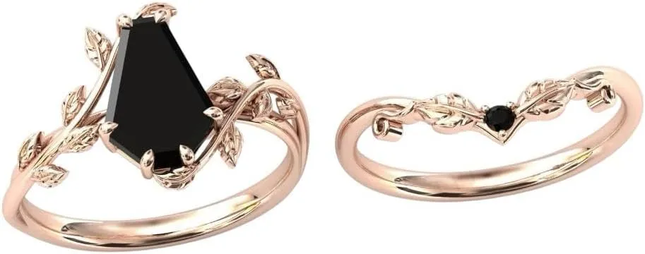 Coffin Shape Black Onyx Natural Gemstone Ring, Unique 2pcs Bridal 925 Sterling Silver Ring For Her