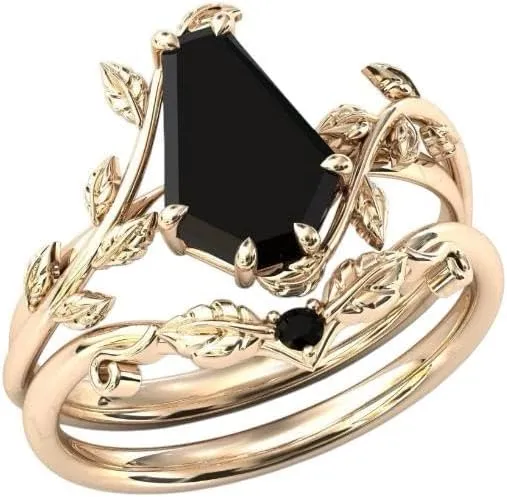 Coffin Shape Black Onyx Natural Gemstone Ring, Unique 2pcs Bridal 925 Sterling Silver Ring For Her