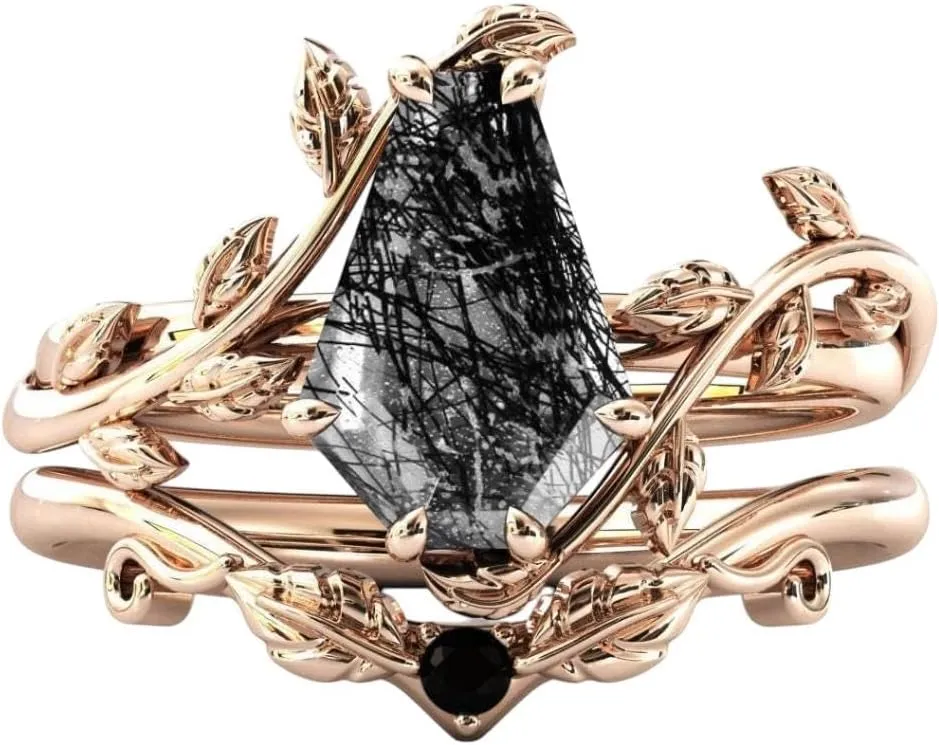Coffin Shape Black Rutilated Quartz Natural Gemstone Ring, Unique 2pcs Bridal 925 Sterling Silver Ring For Her