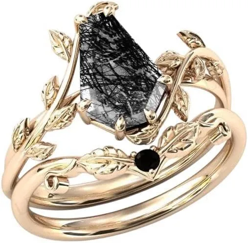 Coffin Shape Black Rutilated Quartz Natural Gemstone Ring, Unique 2pcs Bridal 925 Sterling Silver Ring For Her