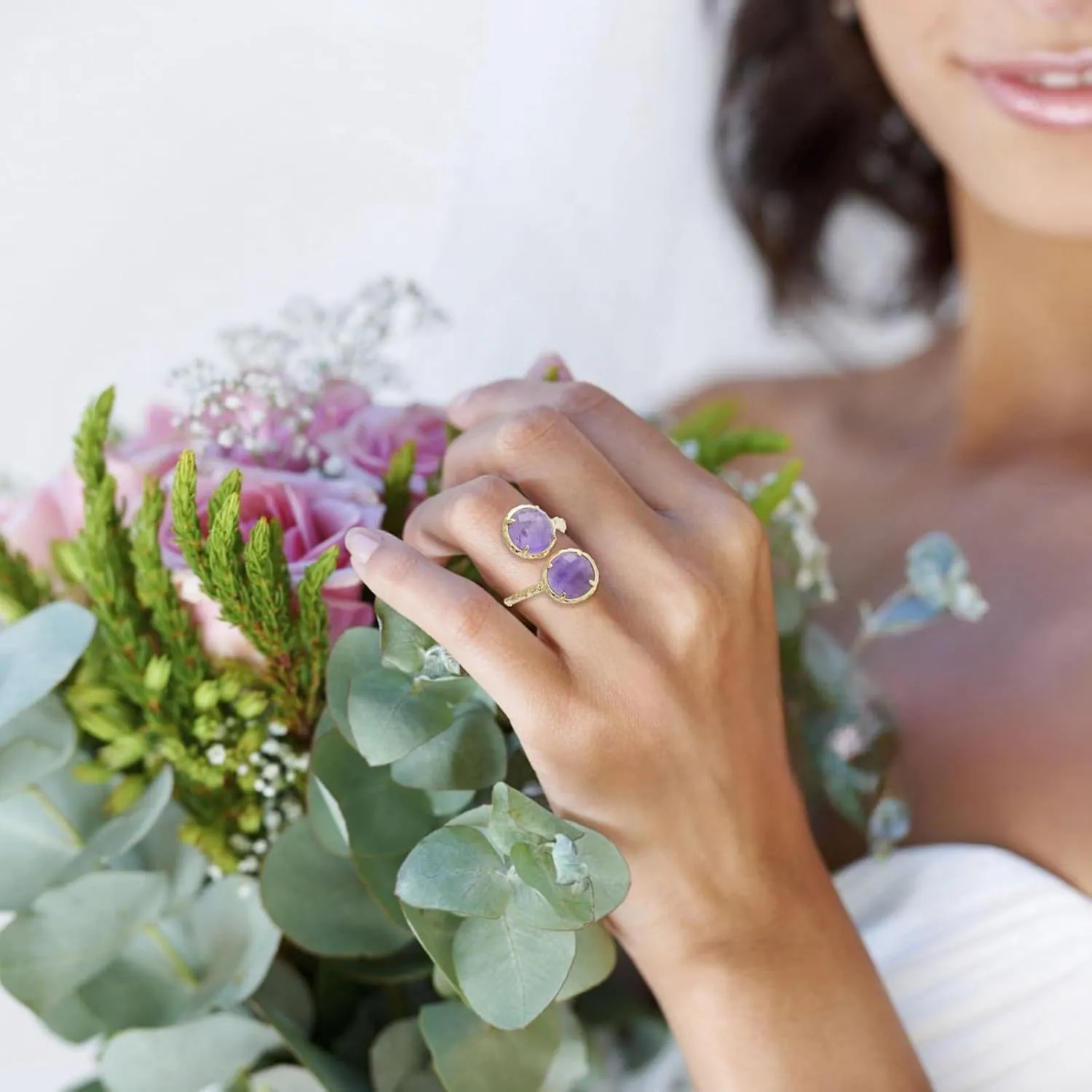 Crystal Rings, Natural Amazonite Rose Quartz Sunstone Amethyst Rings for Women, Double Round Faceted Gemstone Rings, 14K Gold Plated Adjustable Ring, Western Boho Vintage Rings for Mother.