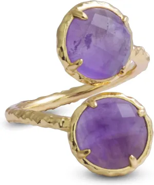 Crystal Rings, Natural Amazonite Rose Quartz Sunstone Amethyst Rings for Women, Double Round Faceted Gemstone Rings, 14K Gold Plated Adjustable Ring, Western Boho Vintage Rings for Mother.