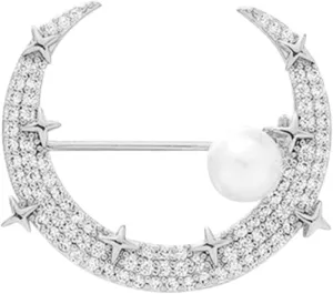 Crystal Wedding Star Moon Brooch Femininity Pearl Suit Accessories Pin Fixed Clothes Corsage Buckle Needle Jewelry (Silver, One Size)