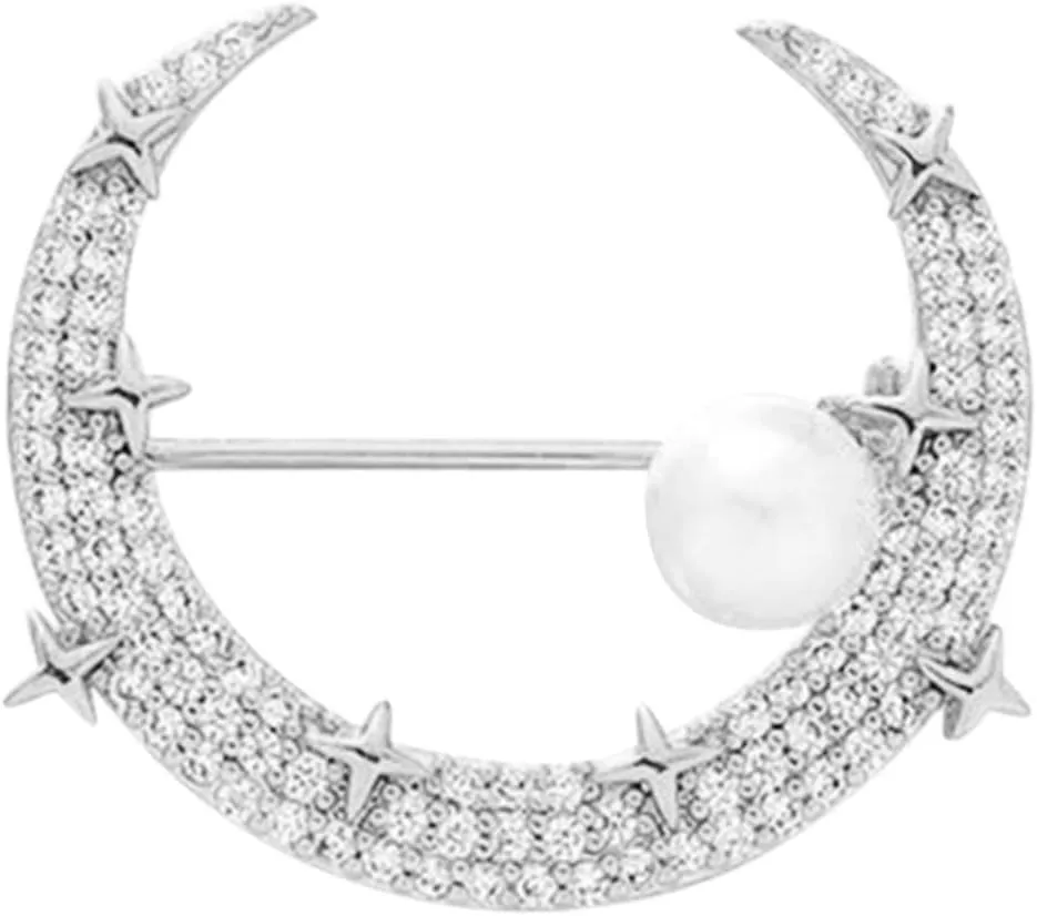 Crystal Wedding Star Moon Brooch Femininity Pearl Suit Accessories Pin Fixed Clothes Corsage Buckle Needle Jewelry (Silver, One Size)