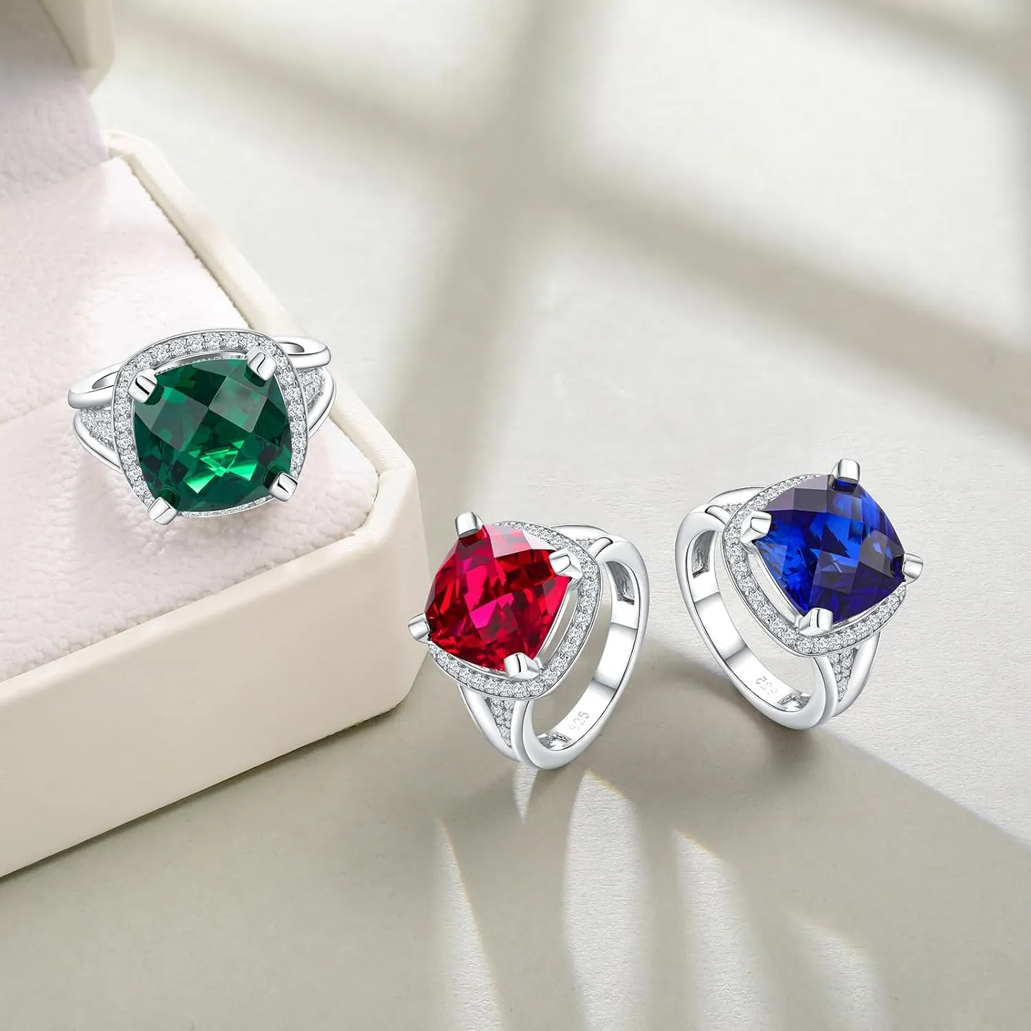 Cushion/Emerald Cut Engagement Rings for Women and Men, 925 Sterling Silver Sapphire/Ruby/Emerald &Cubic Zirconia Gemstone Ring Cocktail Party Birthday Jewelry