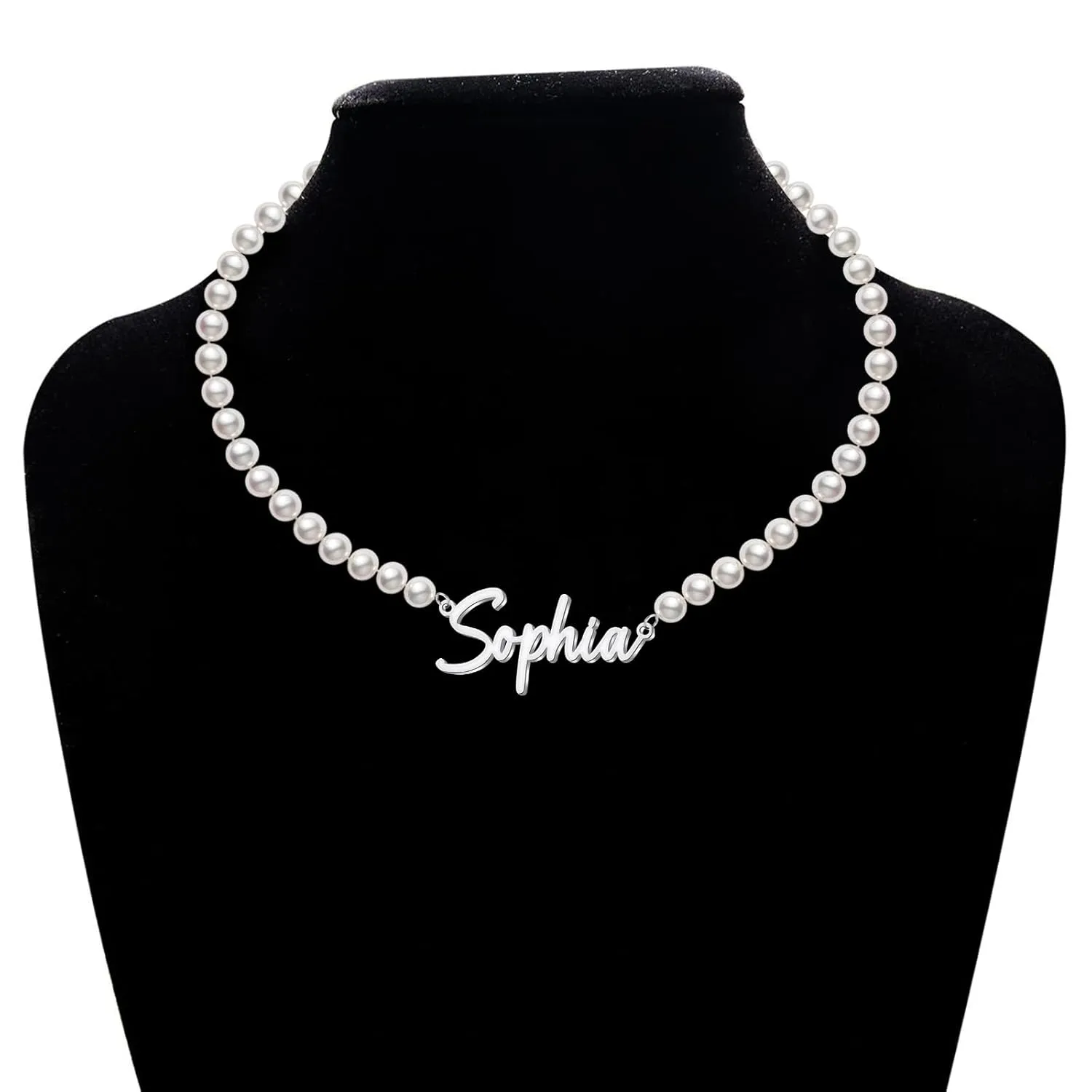Custom Name Necklace with 6 mm Freshwater Pearl Chain,925 Sterling Silver Personalized Pearl Choker Necklace Customized Wedding Gifts for Bride Bridesmaid