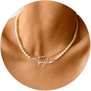 Custom Name Necklace with 6 mm Freshwater Pearl Chain,925 Sterling Silver Personalized Pearl Choker Necklace Customized Wedding Gifts for Bride Bridesmaid