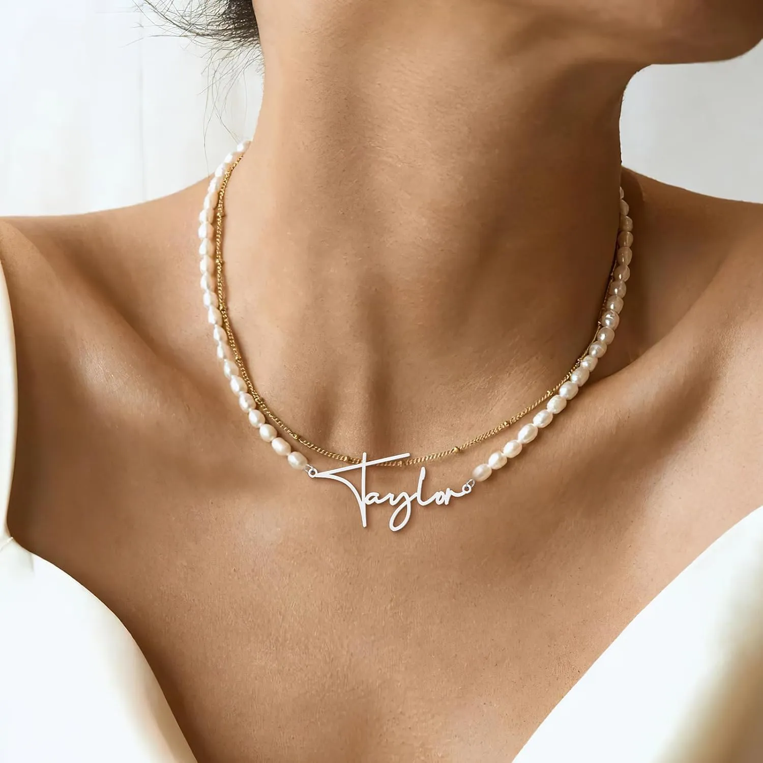 Custom Name Necklace with 6 mm Freshwater Pearl Chain,925 Sterling Silver Personalized Pearl Choker Necklace Customized Wedding Gifts for Bride Bridesmaid