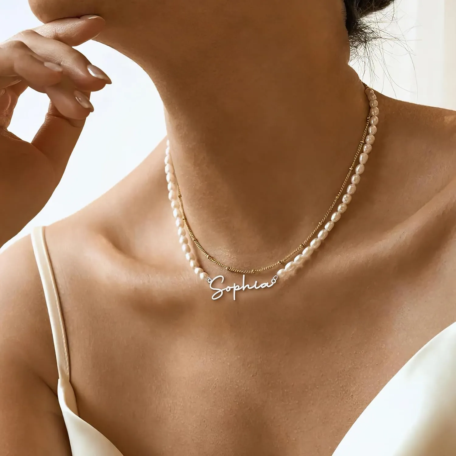 Custom Name Necklace with 6 mm Freshwater Pearl Chain,925 Sterling Silver Personalized Pearl Choker Necklace Customized Wedding Gifts for Bride Bridesmaid