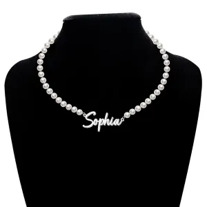 Custom Name Necklace with 6 mm Freshwater Pearl Chain,925 Sterling Silver Personalized Pearl Choker Necklace Customized Wedding Gifts for Bride Bridesmaid