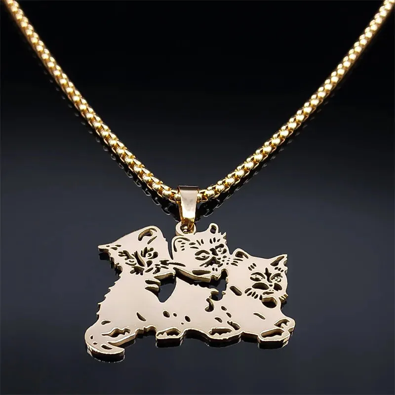 Cute Animal Pet Cat Necklace for Women Stainless Steel Gold Color Chain Necklaces