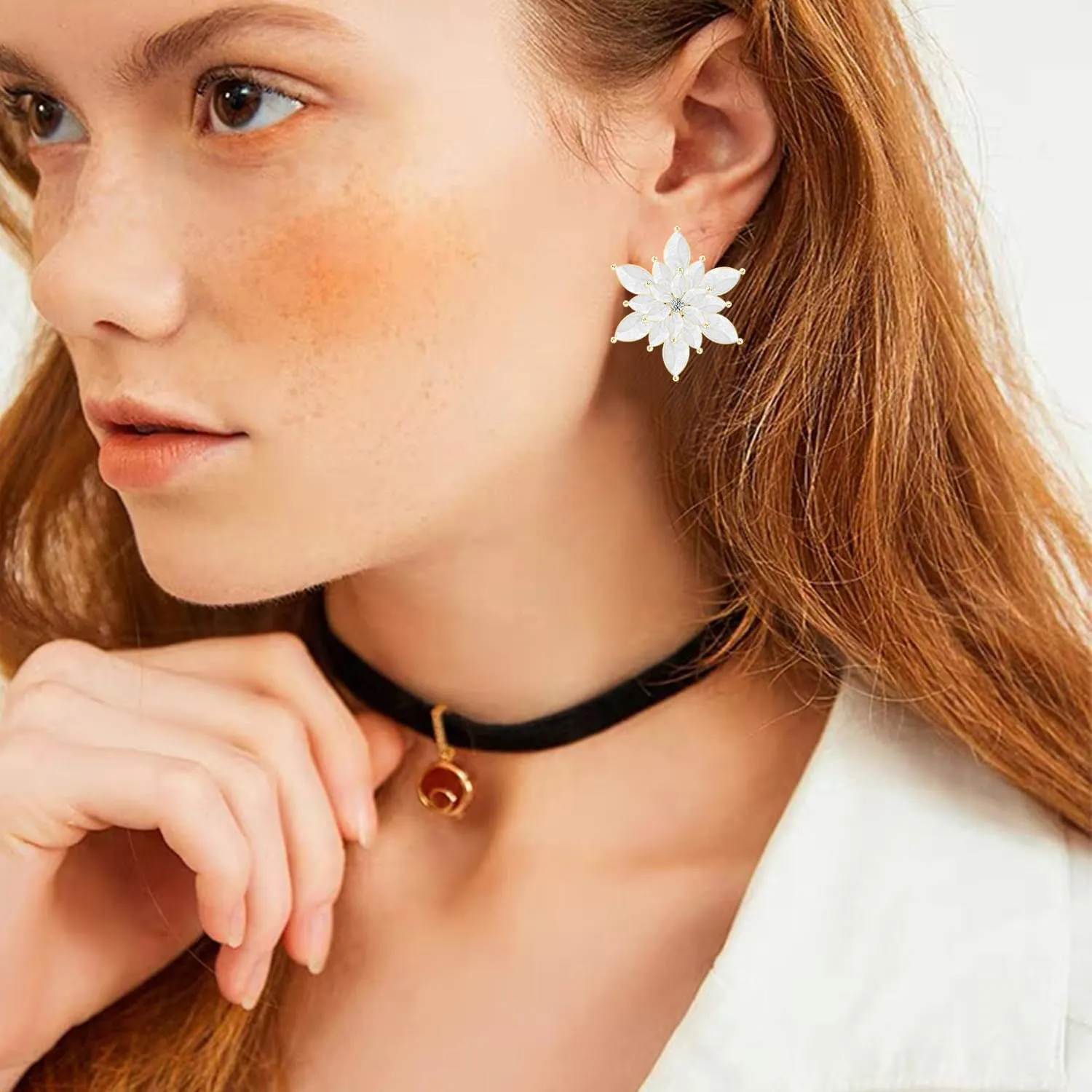 Cute Dainty Enamel Snowflake Stud Earrings for Women Sparkly Crystal 3D Stereoscopic Gold Flower Dangle Drop Earrings Xmas Holiday Christmas