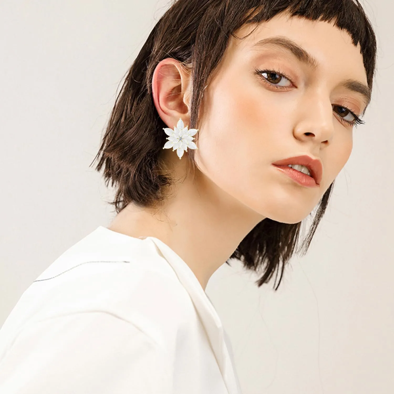 Cute Dainty Enamel Snowflake Stud Earrings for Women Sparkly Crystal 3D Stereoscopic Gold Flower Dangle Drop Earrings Xmas Holiday Christmas