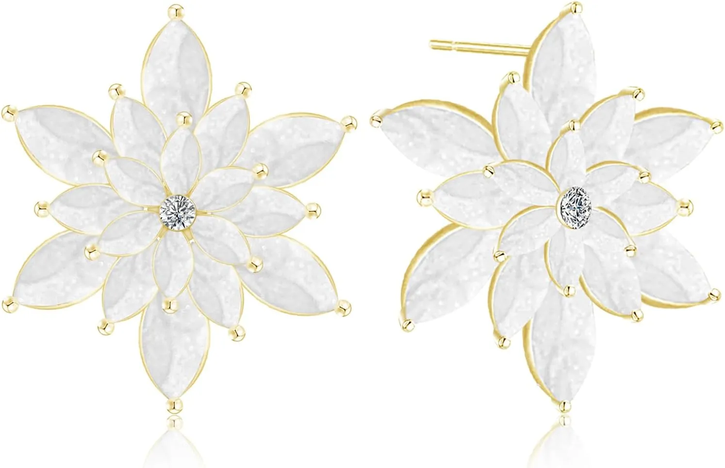 Cute Dainty Enamel Snowflake Stud Earrings for Women Sparkly Crystal 3D Stereoscopic Gold Flower Dangle Drop Earrings Xmas Holiday Christmas