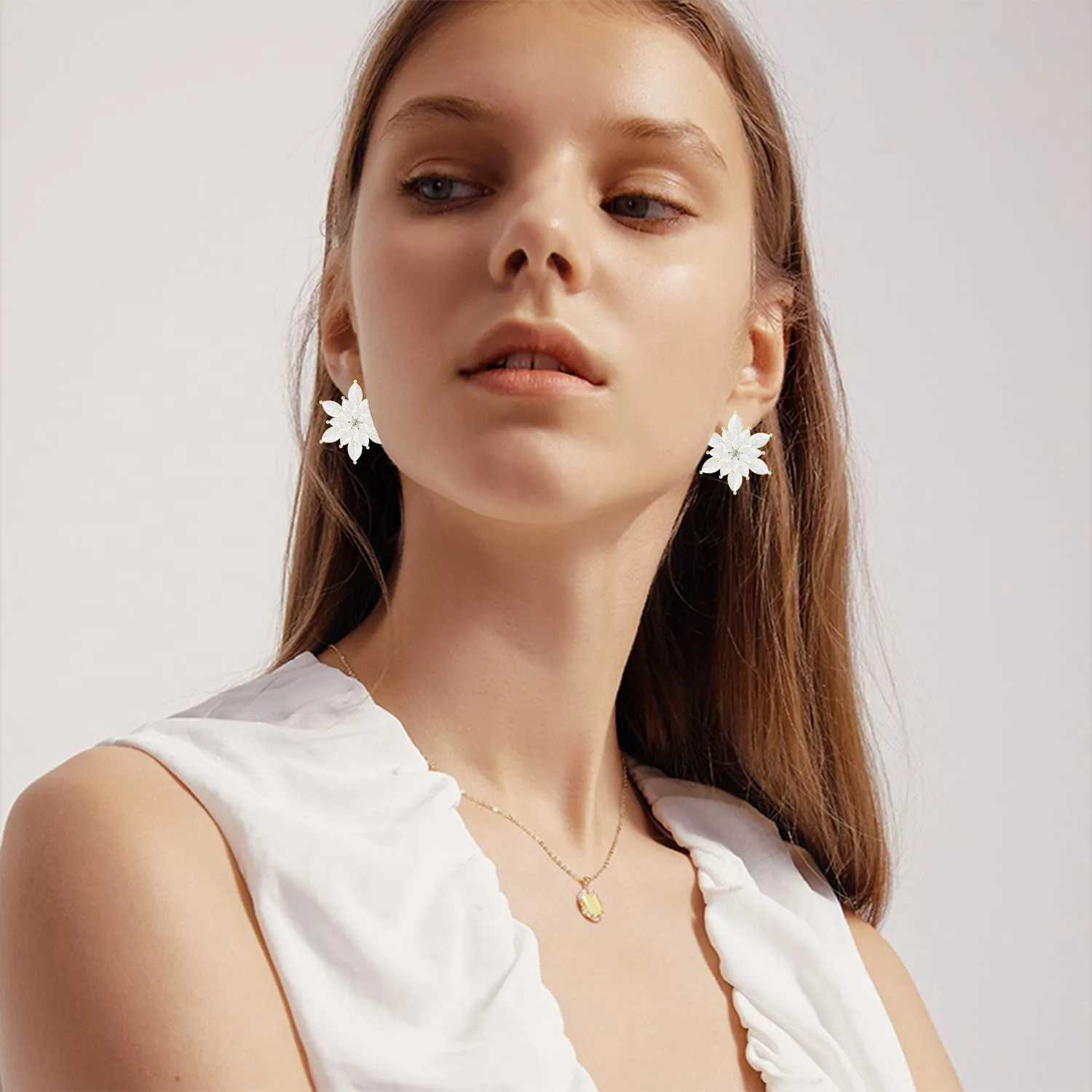 Cute Dainty Enamel Snowflake Stud Earrings for Women Sparkly Crystal 3D Stereoscopic Gold Flower Dangle Drop Earrings Xmas Holiday Christmas