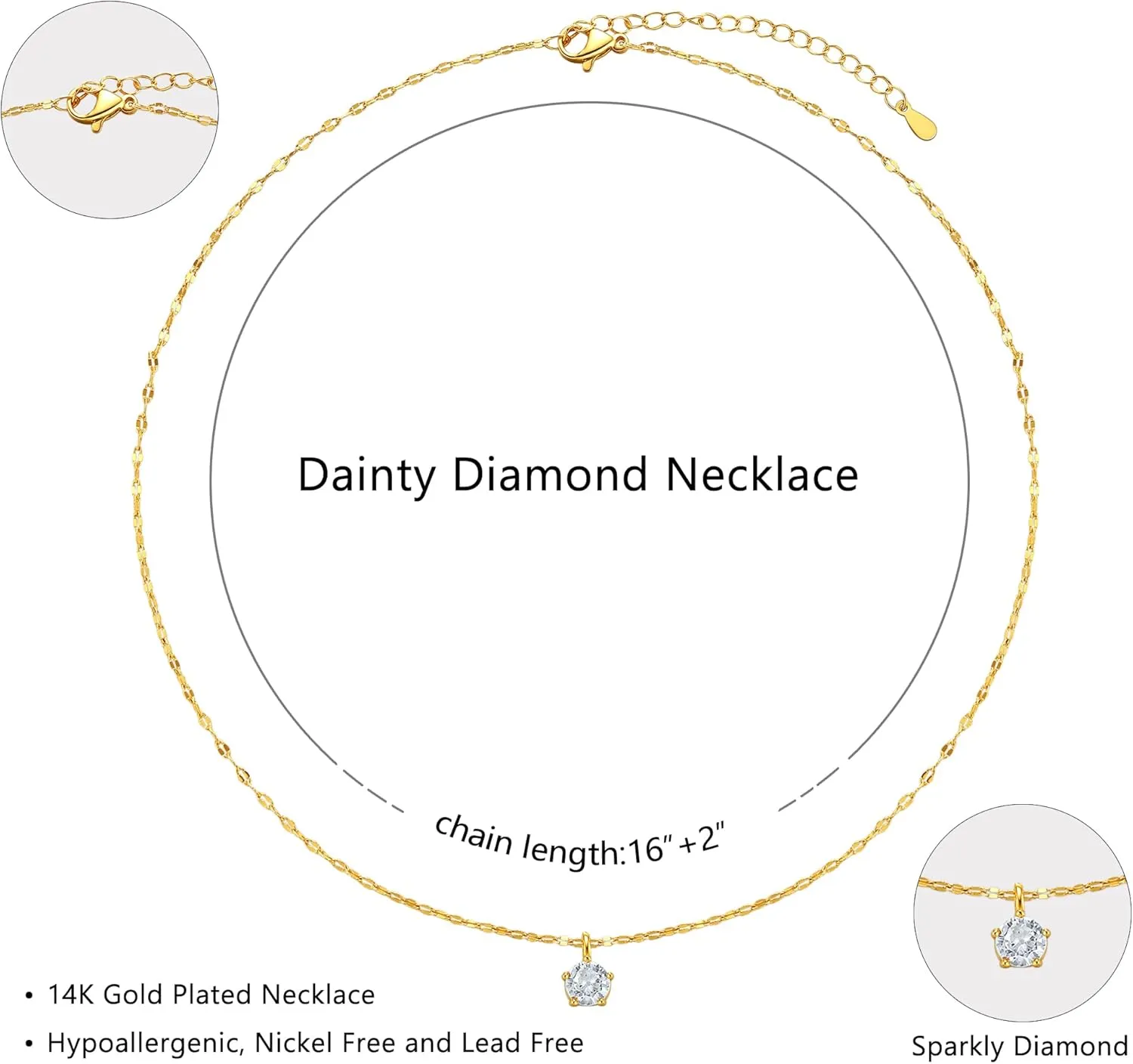 Dainty Diamond Necklace for Women 14K Gold Plated CZ Pendant Necklaces Diamond Solitaire Choker Necklace Birthday Gifts Trendy Wedding Jewelry for Teen Her
