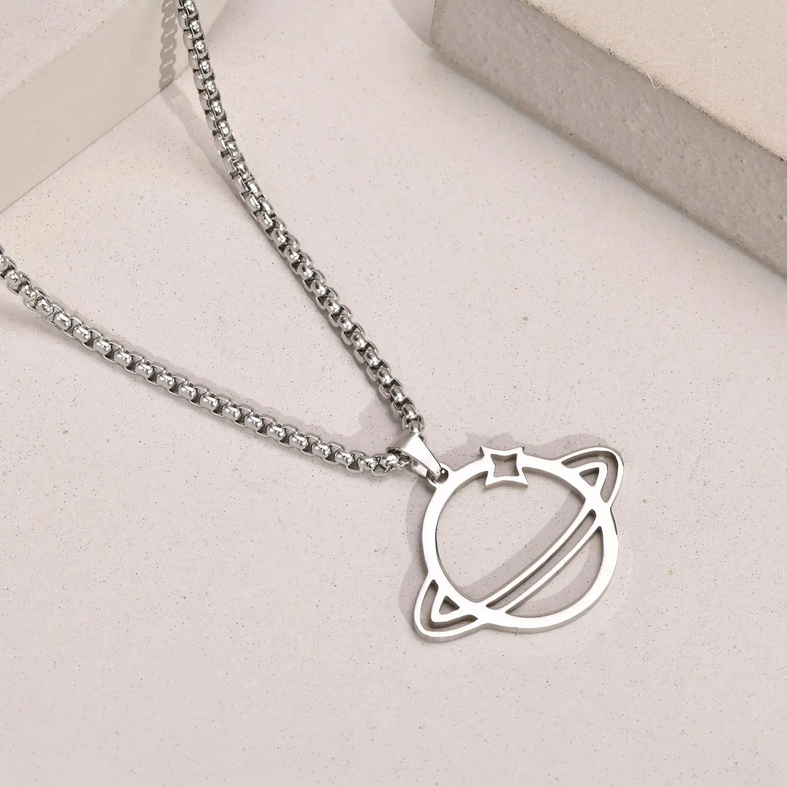 Dainty Saturn Necklace, Stainless Steel Planet Necklace