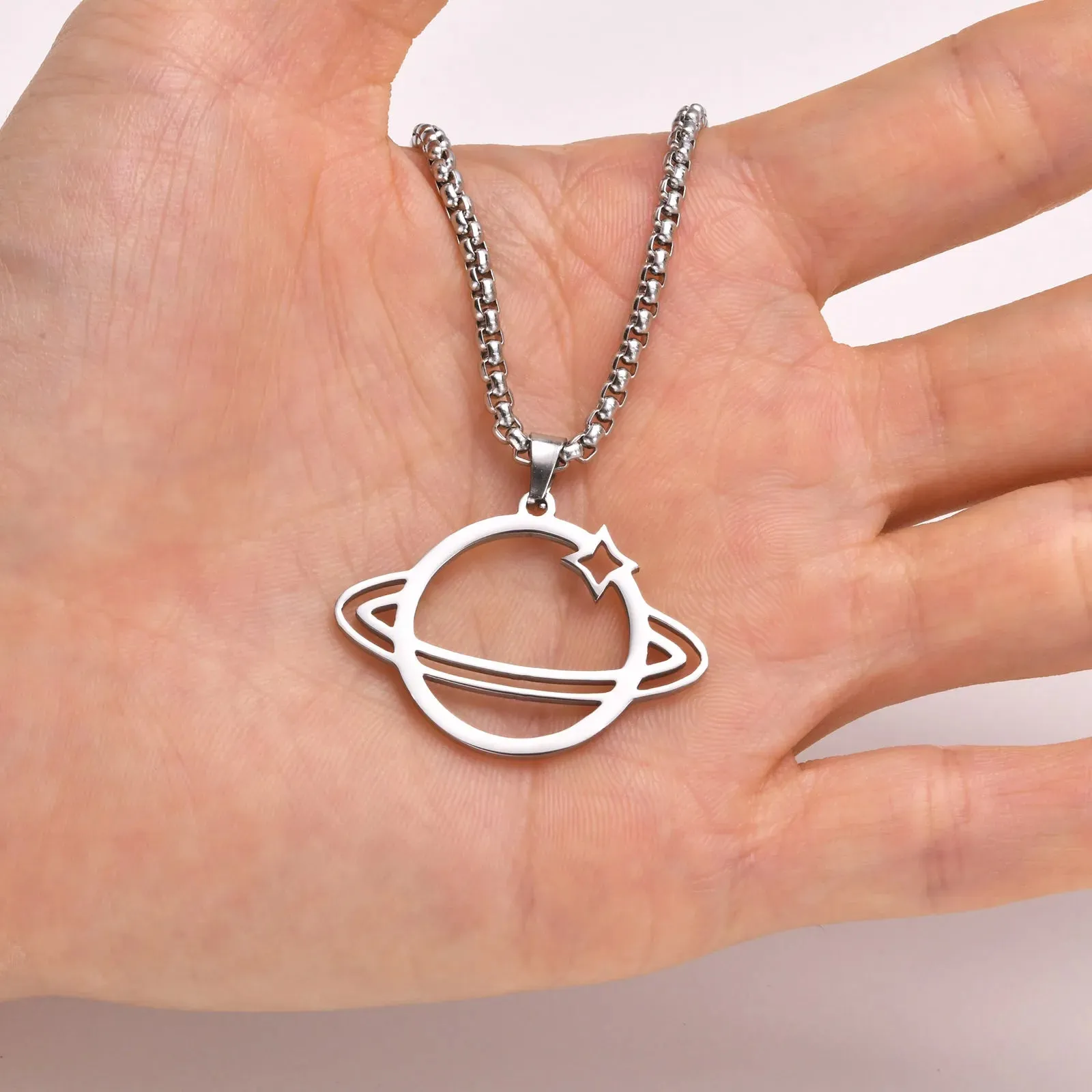Dainty Saturn Necklace, Stainless Steel Planet Necklace
