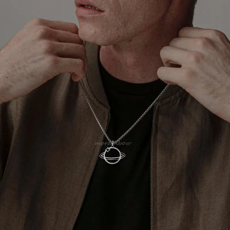 Dainty Saturn Necklace, Stainless Steel Planet Necklace