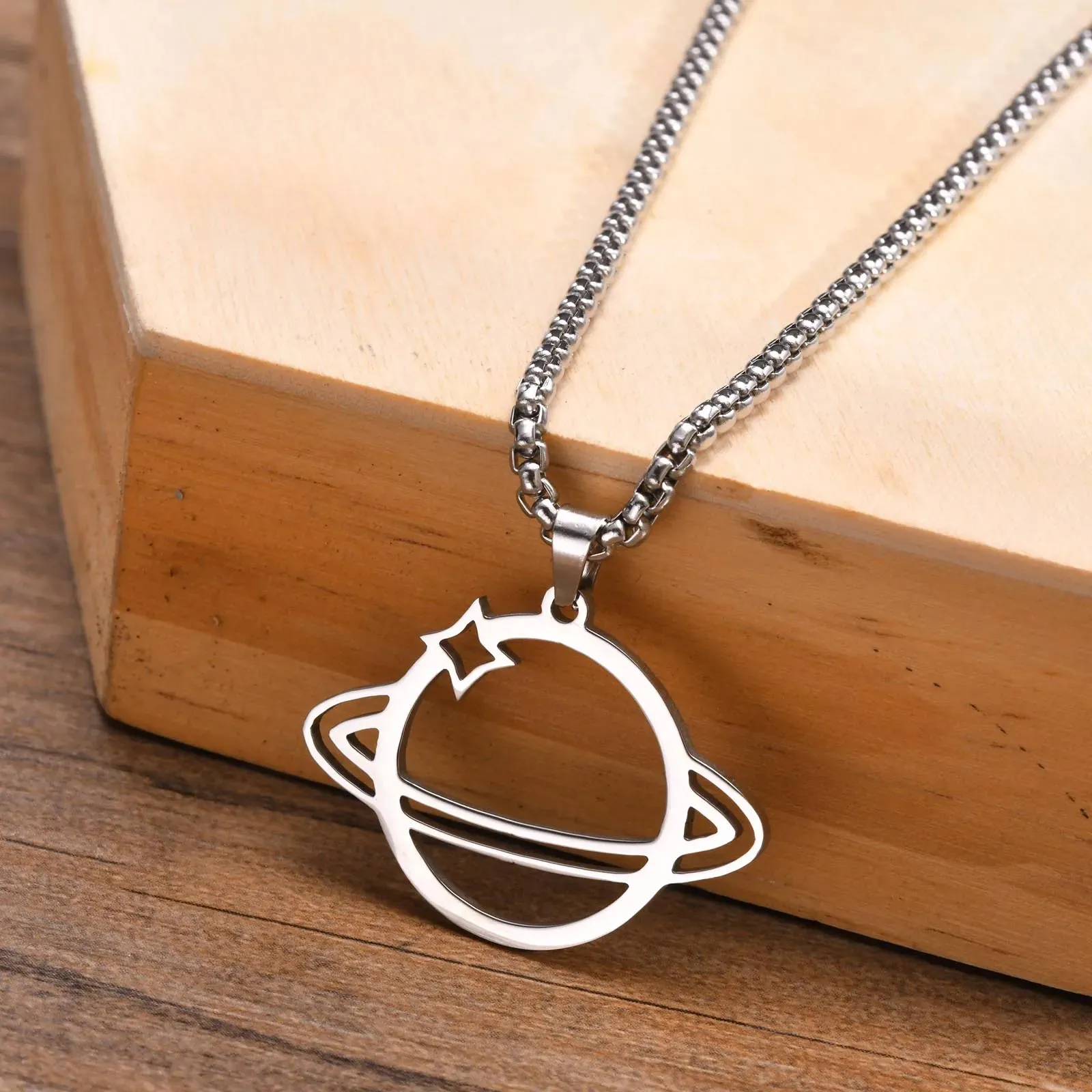 Dainty Saturn Necklace, Stainless Steel Planet Necklace