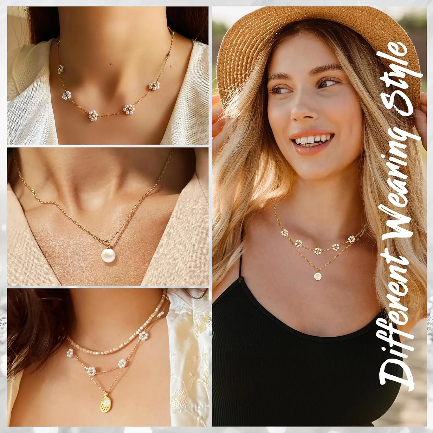 Daisy Necklace for Women Layered Pearl Necklace Set, 14k Gold Flower Necklaces as Summer Jewelry, Pretty Pearl Choker Pendant Necklace as Trendy Gold Necklace Beach Gifts for Daughter