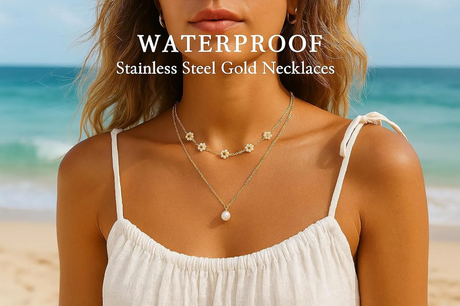 Daisy Necklace for Women Layered Pearl Necklace Set, 14k Gold Flower Necklaces as Summer Jewelry, Pretty Pearl Choker Pendant Necklace as Trendy Gold Necklace Beach Gifts for Daughter