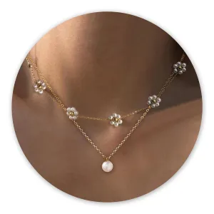 Daisy Necklace for Women Layered Pearl Necklace Set, 14k Gold Flower Necklaces as Summer Jewelry, Pretty Pearl Choker Pendant Necklace as Trendy Gold Necklace Beach Gifts for Daughter