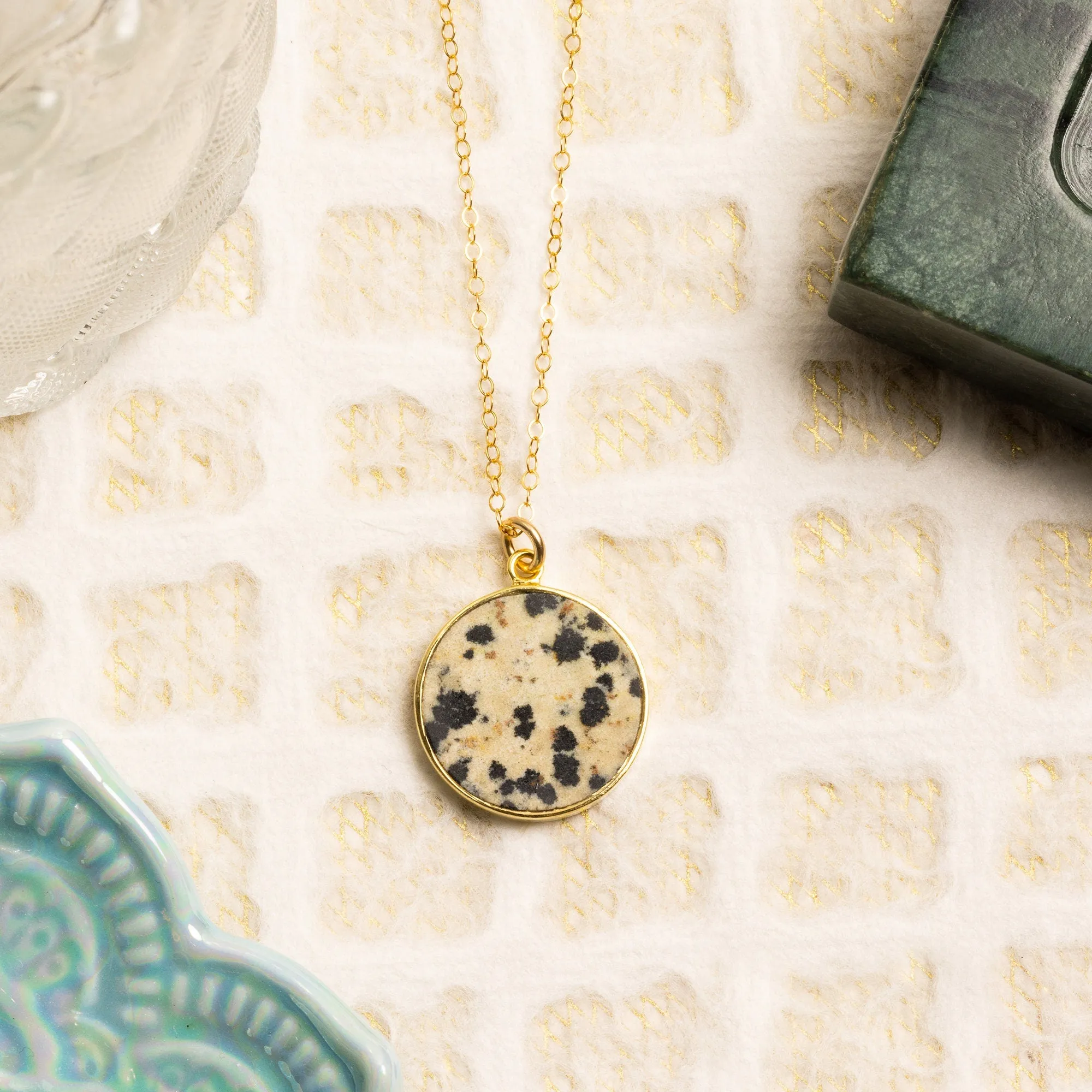 Dalmatian Jasper Disc Gold Pendant Necklace